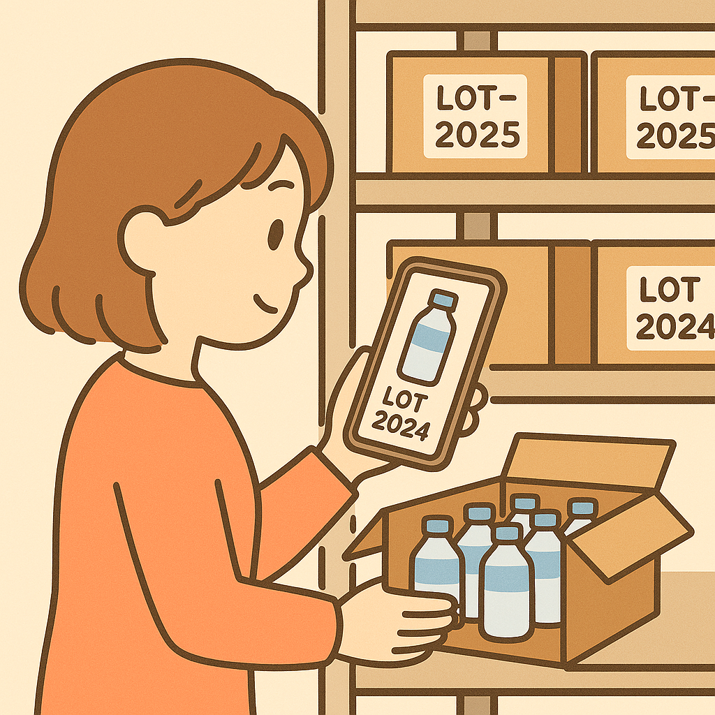 mini WMSによるロット管理・期限管理のイメージイラスト - 女性がスマートフォンで商品のロット情報を確認している